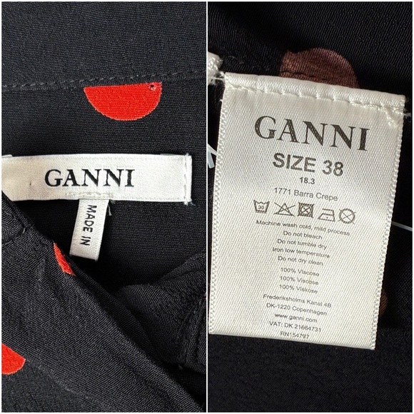 GANNI Polka Dot Crepe Long Sleeve Button Up Relaxed Fit Collared Tunic Shirt 6 - Picture 9 of 10